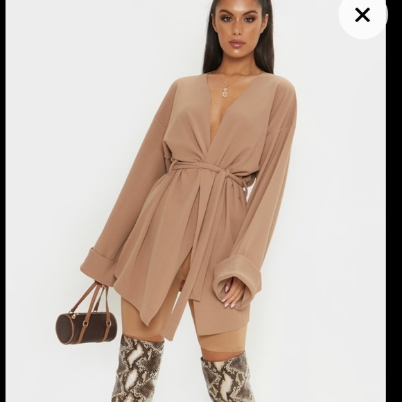PrettyLittleThing Jackets & Blazers - NWT PrettyLittleThing Camel Belted Oversized Sleeve Blazer Open Front Jacket